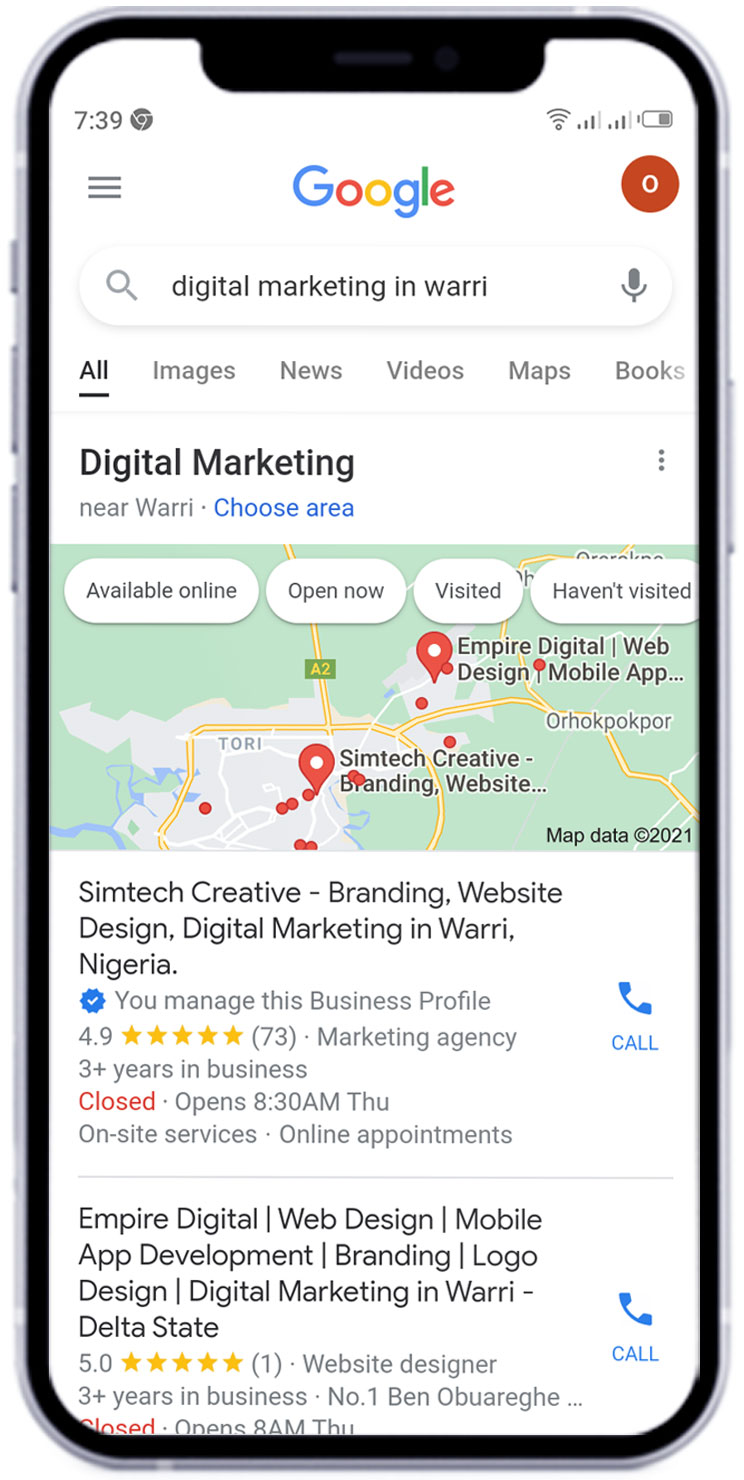 simtech creative google business profile search results