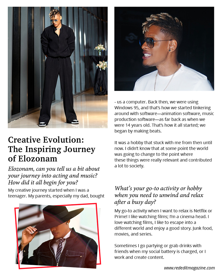 Exclusive article page 1 design featuring Elozonam, Nigerian actor and musician